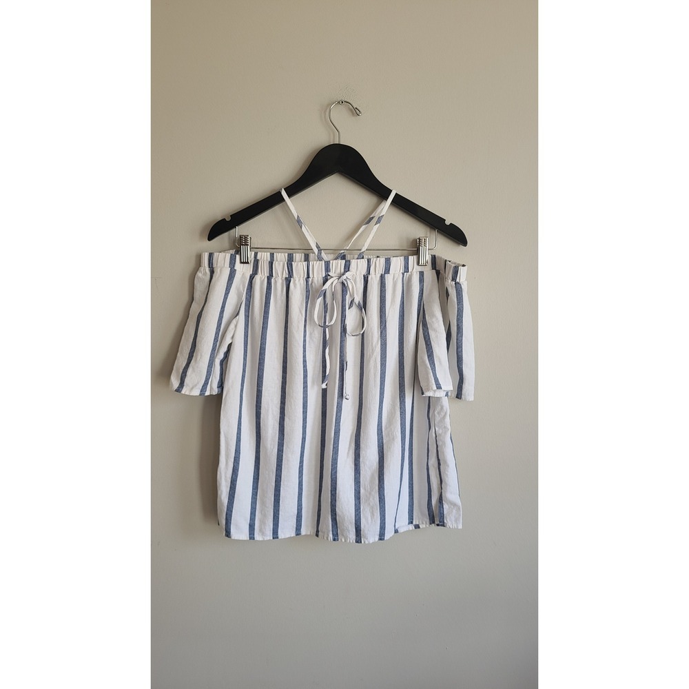 Vince Camuto Womens Blue White Striped Off Shoulder Halter Tie Top Small
